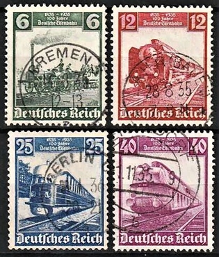 FRIMÆRKER TYSK RIGE: 1935 | AFA 575-78 | Jernbanejubilæum. - 6 - 40 pf. - Flot stemplet